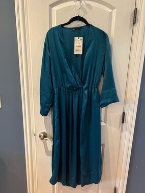 ZARA NWT Satin Effect Midi Dress Duck Green XL
